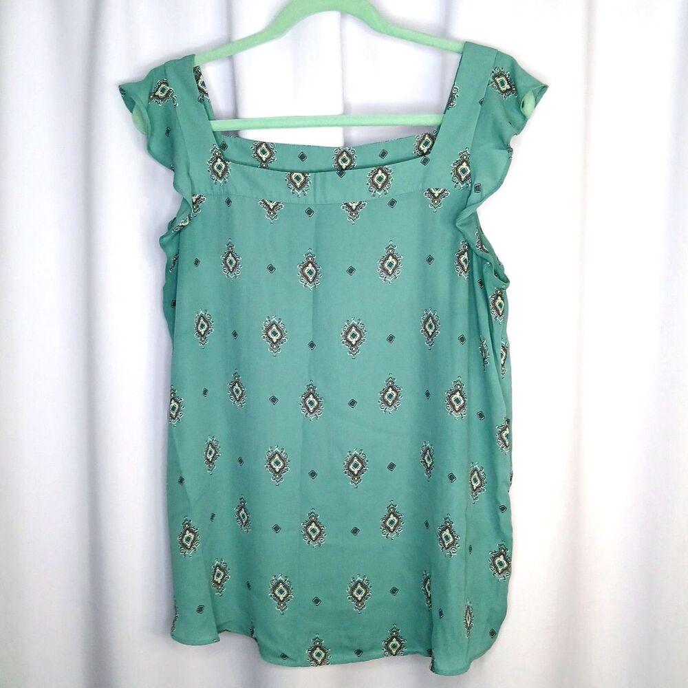 Loft Ruffle Slve Tank Top Square Neck Blouse Relaxed Fit Green Womens Large